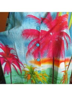 Womens Hawaiian Beach Shirt L Vtg La Leela Tropical Palm Print 100% Terivoile